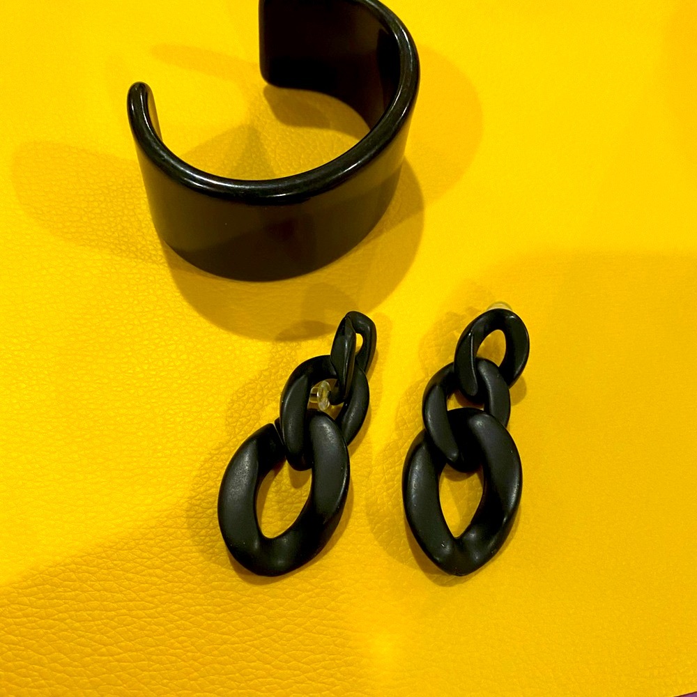 Black Cuff Bracelet and Chain Earrings Set
